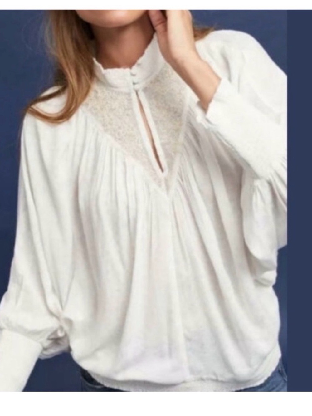 Anthropologie Women's Off White Lace-Detail Peasant Blouse Size M